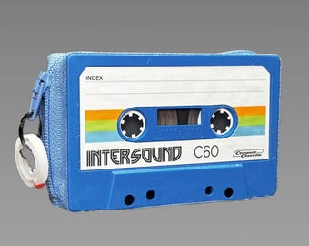 Retro wallet/card case in blue/white • Upcycled from an original INTERSOUND audio cassette
