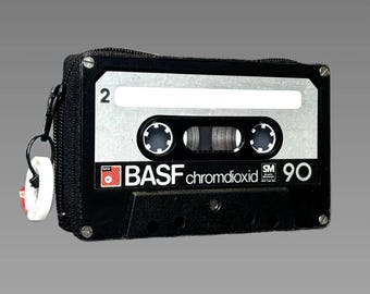Retro wallet/card case in black/silver • Upcycled from an original BASF audio cassette