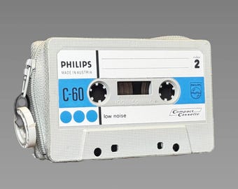 Retro wallet/card case in light grey/blue • Upcycled from an original PHILIPS audio cassette