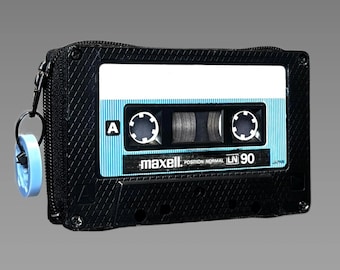 Retro wallet/card case in black/light blue • Upcycled from an original MAXELL audio cassette