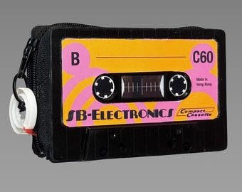 Retro-style wallet/card case in black/orange/pink • Upcycled from an original SB ELECTRONICS audio cassette
