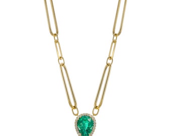 3 Carat Pear Shaped Emerald Pendant • Solid 14K Yellow Gold Necklace • 30 Natural Round Diamond Jewelry • GIA Certified • Gifts for Her