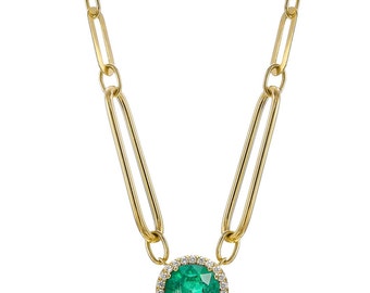 3 Carat Pear Shaped Emerald Pendant • Solid 14K Yellow Gold Necklace • 30 Natural Round Diamond Jewelry • GIA Certified • Gifts for Her