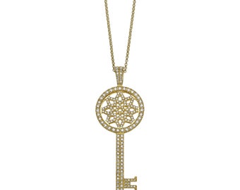 Diamond Pendant Necklace • 18k Yellow Gold • Key Shaped Pendant • Round Cut Pave Set • Unique Necklace • Handmade Jewelry • E/VS 1.6 Ct