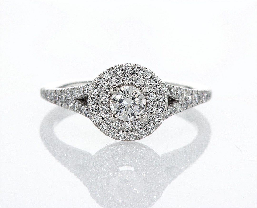 Diamond Engagement Ring 14K White Gold Double Halo Diamond Ring Round ...
