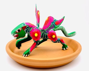 Green Winged-Jaguar Alebrije, Wood Carved Alebrije