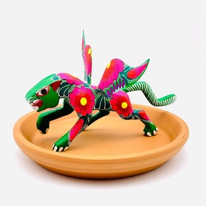 Green Winged-Jaguar Alebrije, Wood Carved Alebrije