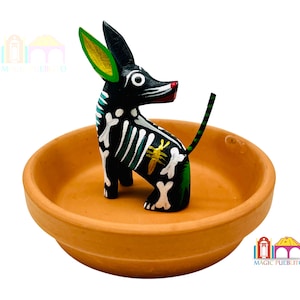 Mini Black Skeleton Coyote Alebrije, Wood Carved Alebrije, Hand Painted Alebrije