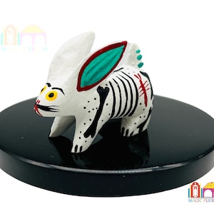 Mini White Rabbit skeleton Alebrije, Wood Carved Alebrije, Hand Painted Alebrije