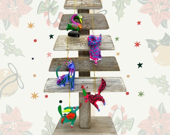 5 Ornament Alebrije Set, Set of 5 assorted Wood Carved Alebrijes, Hand Painted Alebrijes