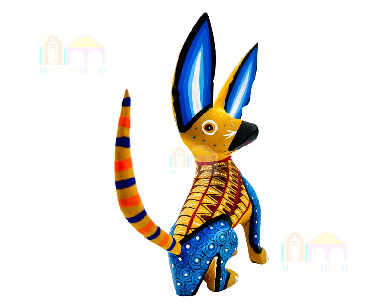 May include: A hand-painted wooden dog figurine with blue, yellow, and orange colors. The dog has large ears and a long tail.