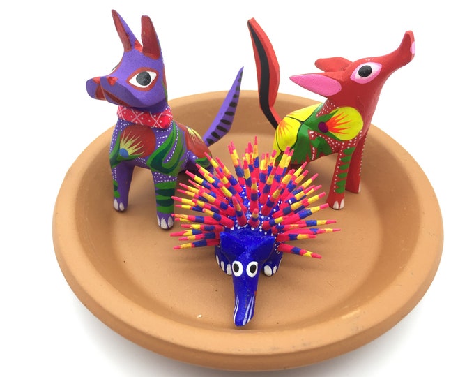 3 piece Miniature Hand Painted Wood Alebrijes, Mexican Folk Art Set