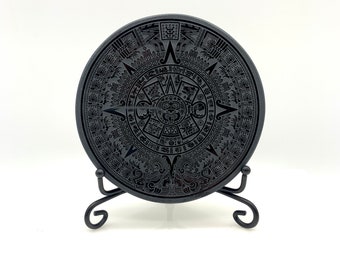 4” Aztec Calendar Black Obsidian Mirror, The Sun Stone, The Tonalpohualli