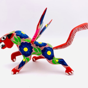 Red Winged-Jaguar Alebrije, Wood Carved Alebrije
