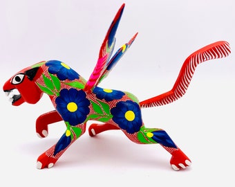 Red Winged-Jaguar Alebrije, Wood Carved Alebrije