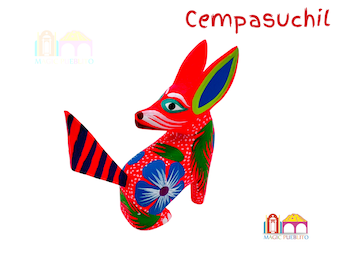 May include: A red wooden fox figurine with black and white stripes on its tail. The fox is painted with colorful flowers and green leaves. The figurine is a traditional Mexican folk art piece called a "cempasuchil".