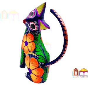 Gato Púrpura Alebrije, Talla de Madera Alebrije, Arte Popular Oaxaca