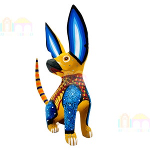 May include: A hand-painted wooden dog sculpture with blue, yellow, red, and black details. The dog has large ears and a long tail.