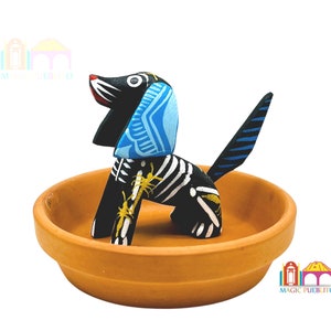 Mini Black Skeleton Dog Alebrije, Wood Carved Alebrije, Hand Painted Alebrije