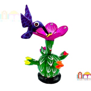 Mini Cactus with Hummingbird Alebrije, Wood Carved Alebrije, Hand Painted Alebrije