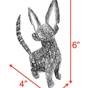 May include: A black and white line drawing of a small dog standing on all four legs. The dog is 6 inches tall and 4 inches wide. The dog's tail is curled up behind its back. The dog's ears are large and pointed.