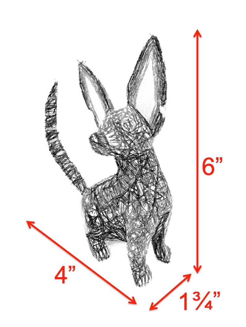 May include: A black and white line drawing of a small dog standing on all four legs. The dog is 6 inches tall and 4 inches wide. The dog's tail is curled up behind its back. The dog's ears are large and pointed.