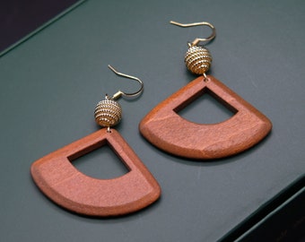 Large Fan Shape Wooden Drop Earring · Handmade Special Wood Statement Earring · Modern Bold Earrings · Simple Wooden Earrings