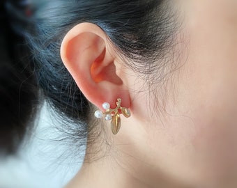 Special Handmade Leaf-Shaped Pearl Drop Earring · Gold Dangling Earring ·  Post Earring · Gold Statement Earring · Fashion Earring