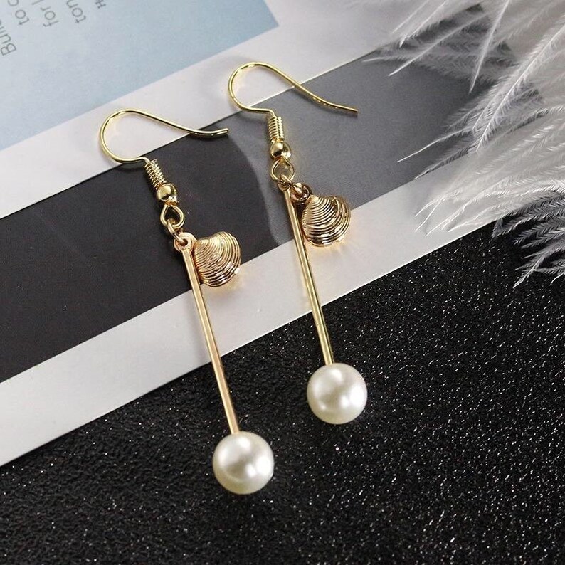 Pearl and Shell Drop Earring \u00b7 14K Gold Plated Dangling Earring \u00b7 Trendy Golden Hook Earring \u00b7 Chic Statement Earring