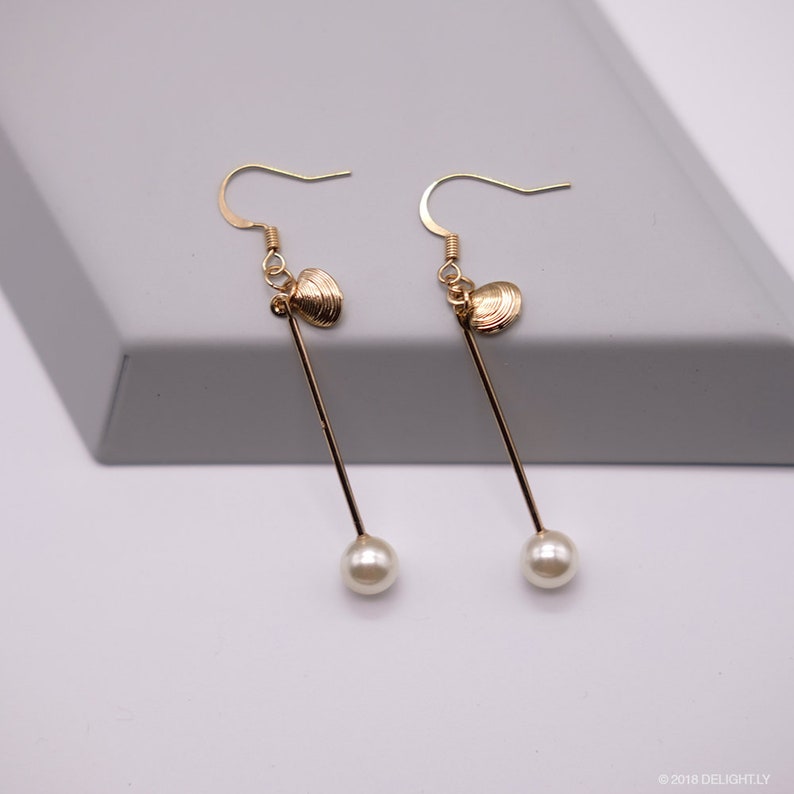 Pearl and Shell Drop Earring \u00b7 14K Gold Plated Dangling Earring \u00b7 Trendy Golden Hook Earring \u00b7 Chic Statement Earring