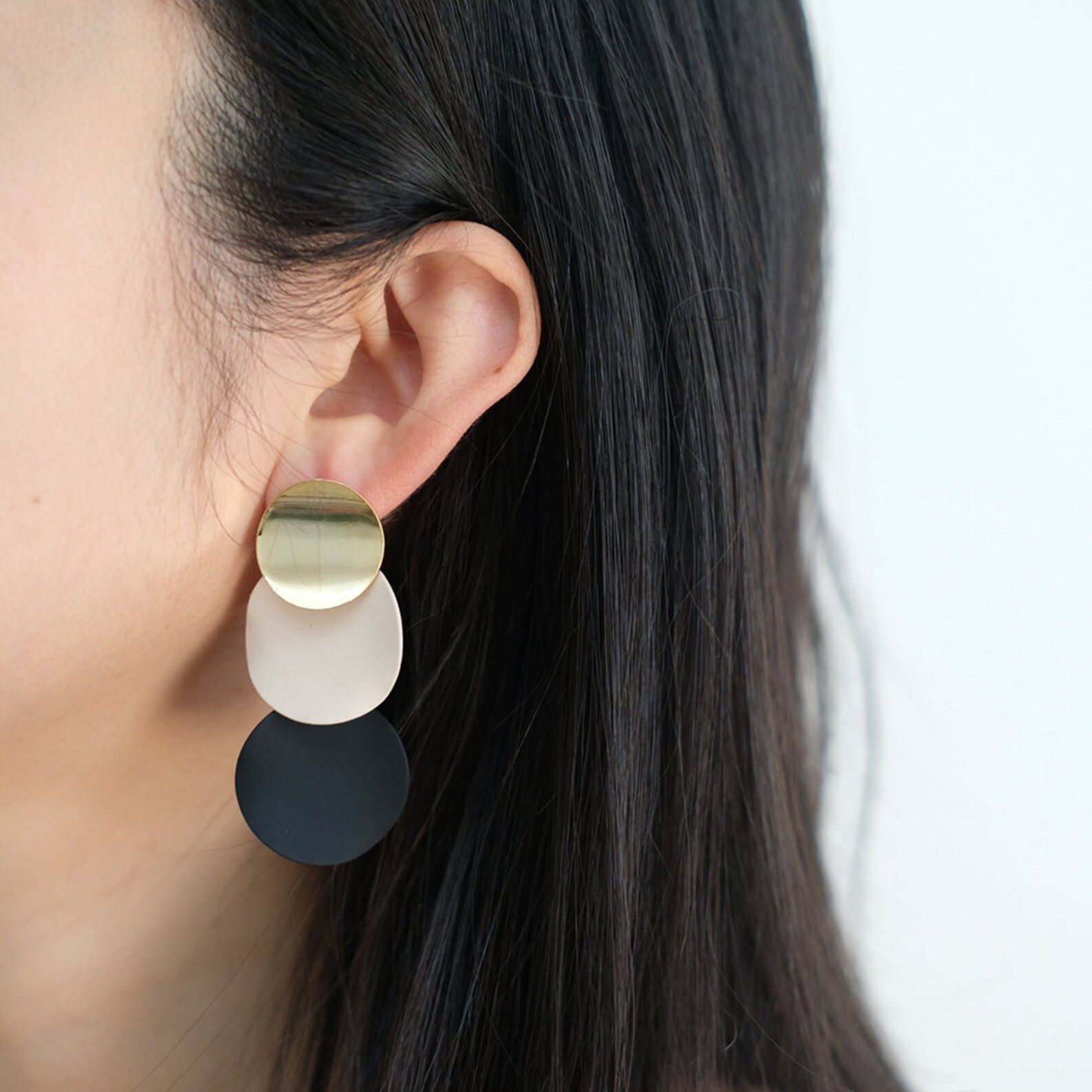 Three-layer Drop Earrings Black, Pink and Gold Statement Earrings Unique Fashion Dangling Post ...