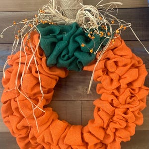 Burlap pumpkin fall wreath.