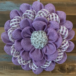 Poly burlap purple flower wreath. Purple and white check sunflower wreath. Spring summer flower wreath.
