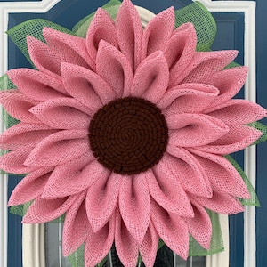 Poly burlap sunflower wreath, coneflower spring summer wreath pink.