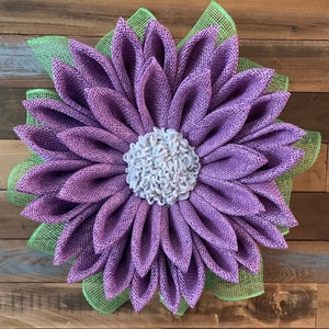 Sunflower poly burlap wreath, coneflower poly burlap purple wreath.