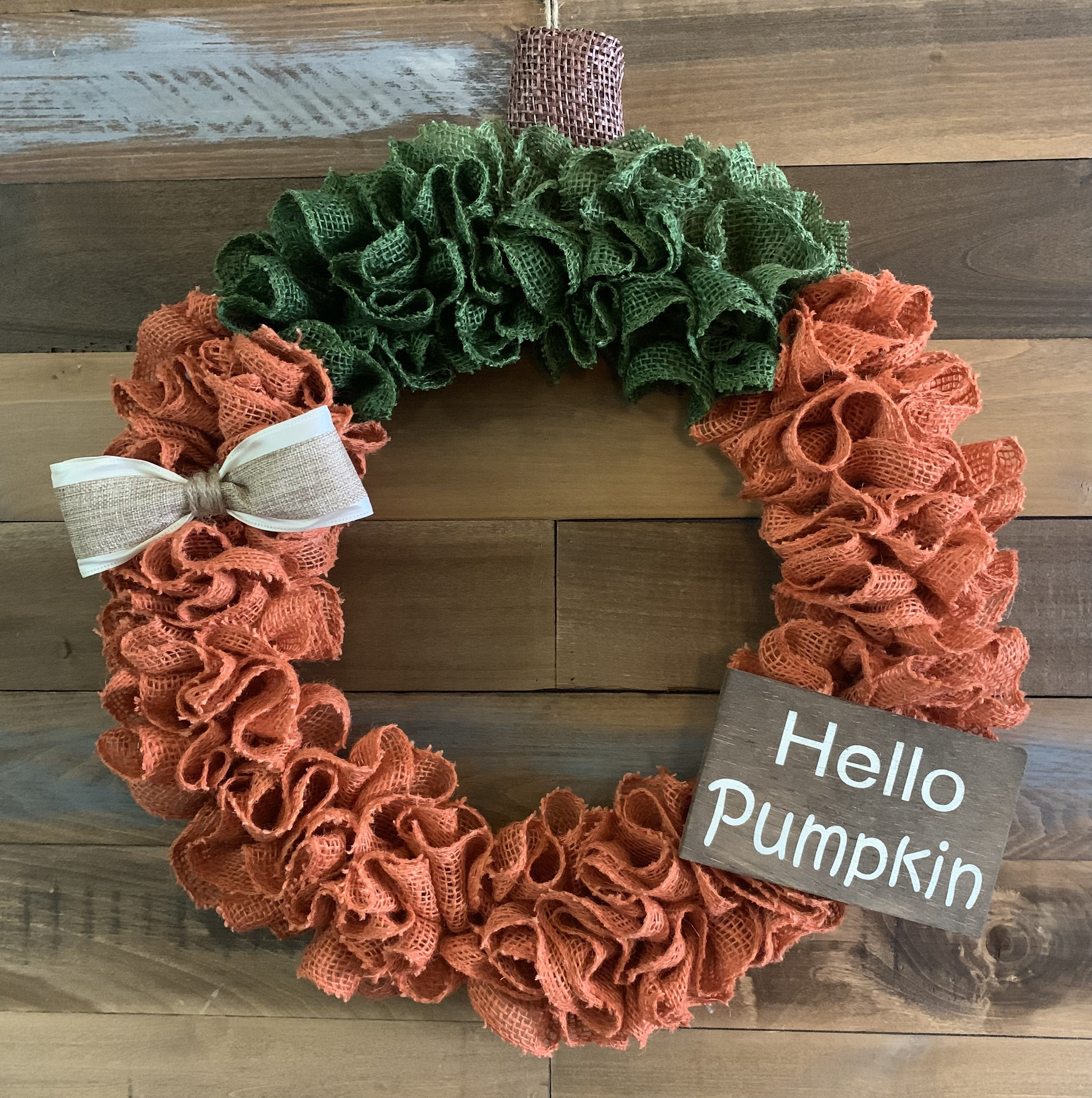 Burlap hello Pumpkin Wreath. Fall Pumpkin Wreath.