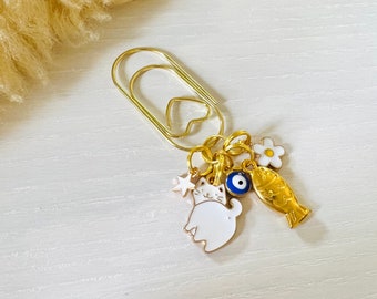 Cat Bookmark & Planner Charm / CAT LOVE / Evil Eye, White Cat, Daisy, Gold Fish and Star / Bookmark Paper Clip with Heart / Cat Lover Gift