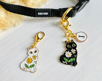 Custom Collar Charms | “FLOWER POWER CAT” | Floral Hippie Cat and Dog Collar Charms | Pet Collar Accessories | Clip On Pet Collar Charm