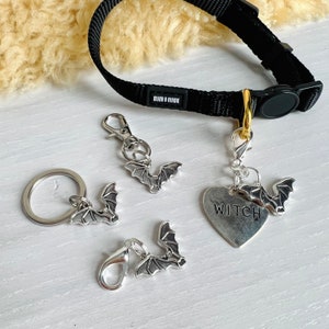 Collar Charms | “BAT WITCH” | Witch and Bats Spooky Cat and Dog Collar Charms | Pet Collar Accessories | Clip On Pet Collar Charm