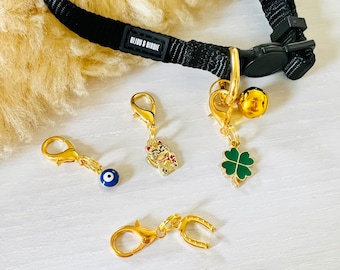 Cat Collar Charm 4-Set | “GOOD LUCK CAT” | Lucky Charms for Cat Collar | Pet Collar Accessories | Clip On Pet Collar Charm | Pet Lover Gifts