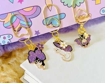 Mystical Cat Bookmark & Planner Charm / FAIRY FELINES  / Fairy Cats, Flowers and Bat Cat / Bookmark Paper Clip with Heart / Cat Lover Gift