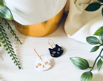 Mismatch Cat Hoop Earrings | “MEOW OR NEVER” | Gold Plated Hoops | Cat Lover Jewelry | Pet Earrings | Cute Cat Earrings