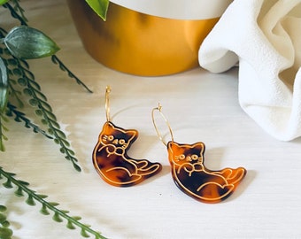 Tortoiseshell Cat Hoop Earrings | “JUST HANGIN’” | Gold Plated Hoops | Cat Lover Jewelry | Pet Earrings | Cute Cat Earrings