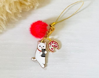 Cat Phone Charm / PHONE N’PIZZA / Red Vegan Fur Pompom / Cute Cat Cellphone Charm or Zipper Pull / Handmade, Unique Cat Lover Gifts