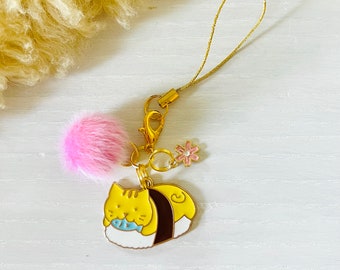 Cat Phone Charm / SUSHI & SAKURA / Coral Vegan Fur Pompom / Cute Cat Cellphone Charm or Zipper Pull / Handmade, Unique Cat Lover Gifts