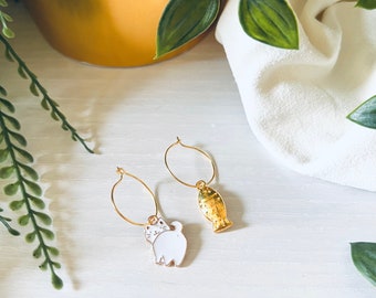 Mismatch Cat Hoop Earrings | “JUST KITTEN AROUND” | Gold Plated Hoops | Cat Lover Jewelry | Pet Earrings | Cute Cat Earrings