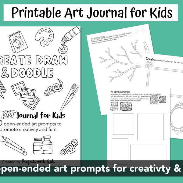 Druckbares Art Journal für Kinder, Zeichen-Aufforderungen für Kinder, Skizzenbuch-Aufforderungen für Kinder, Art-Journal-Ideen