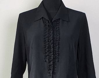 Vintage Black Ruffle Blouse Victorian Bohemian Collared Shirt With Splits on Sleeves Buttoned Down 3/4 Sleeves size S Small