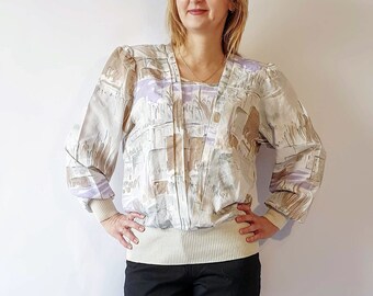 Vintage 80s Abstract Print Light Green Purple Beige Color Blouse Long Sleeves Womens Pastel Colors Shirt Shoulder Pads Size S Small
