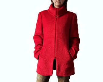 Vintage women's Mohair and Wool Red color Warm Coat Turtleneck zipper Jacket Preppy Style size Medium